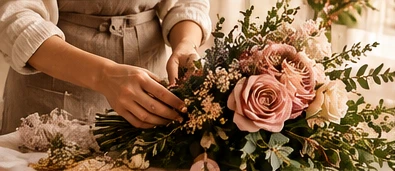 Floral arrangement being thoughtfully prepared